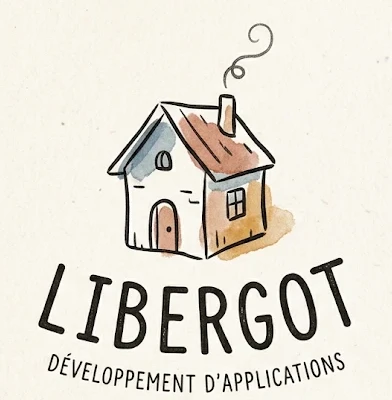 Libergot logo: a little hand-drawn house with a smoking chimney, in watercolour, above the words “Libergot — Développement d'applications”