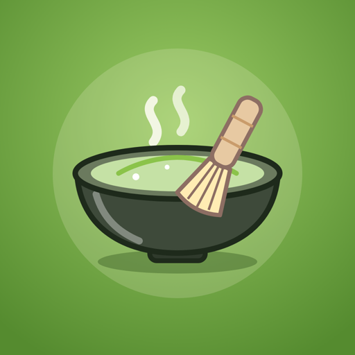 Matcha Rush icon: a steaming matcha bowl and its bamboo whisk on a green background