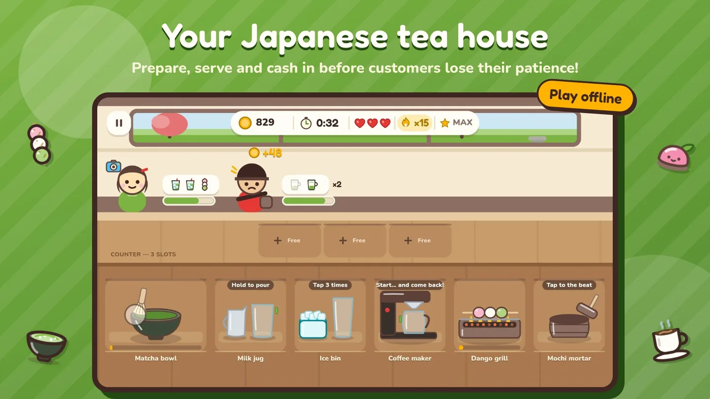 Your Japanese tea house: a busy shift with four customers at the counter, a full counter and the six stations at work.