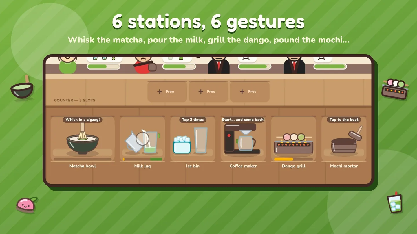 6 stations, 6 gestures: the matcha bowl, milk jug, ice bin, coffee maker, dango grill and mochi mortar.