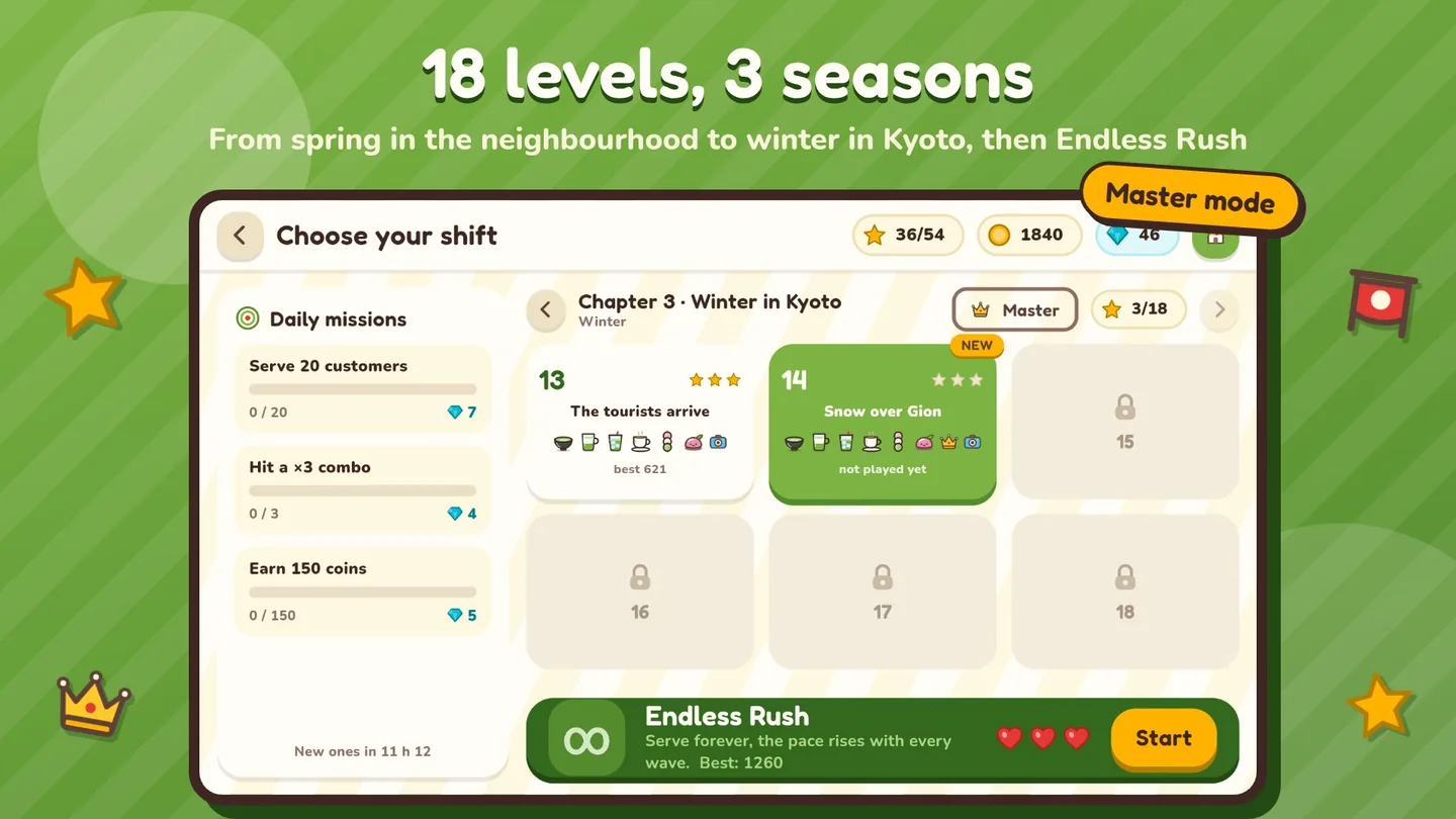 18 levels, 3 seasons: chapter 3, winter in Kyoto, with Master mode and the Endless Rush.