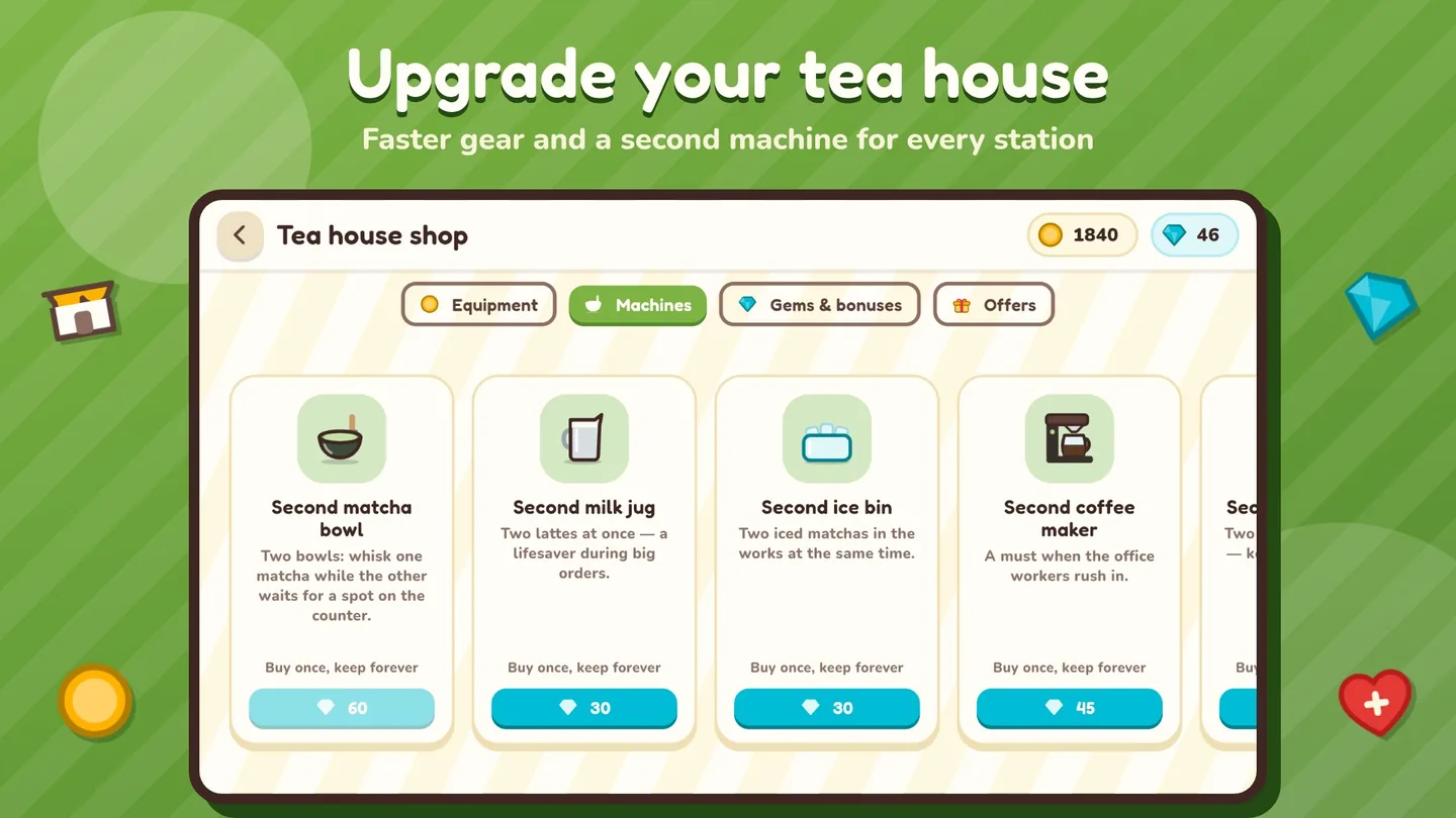 Upgrade your tea house: the shop’s Machines tab, a second machine for each station.