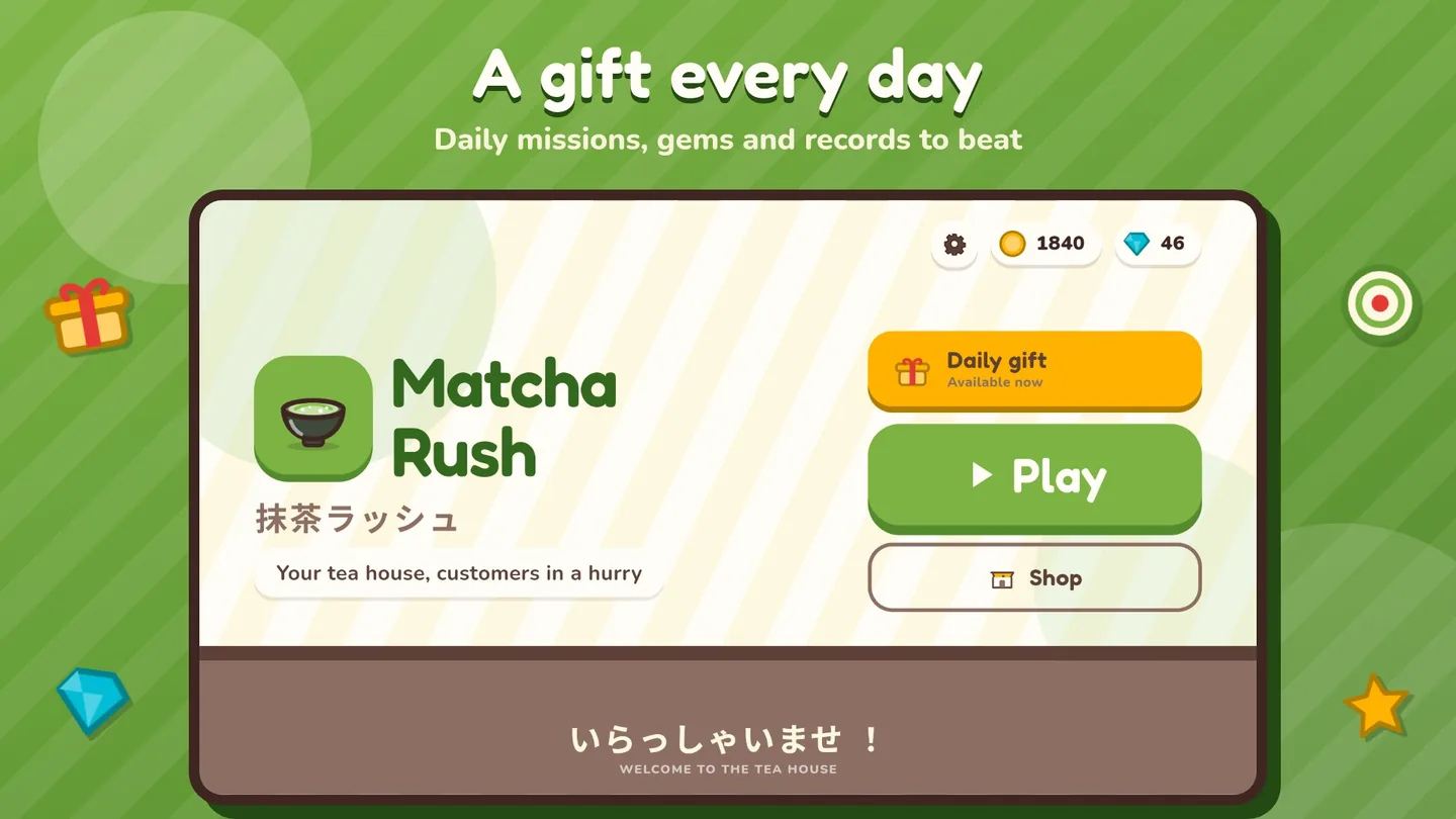 A gift every day: the title screen with the daily gift, Play and Shop buttons.