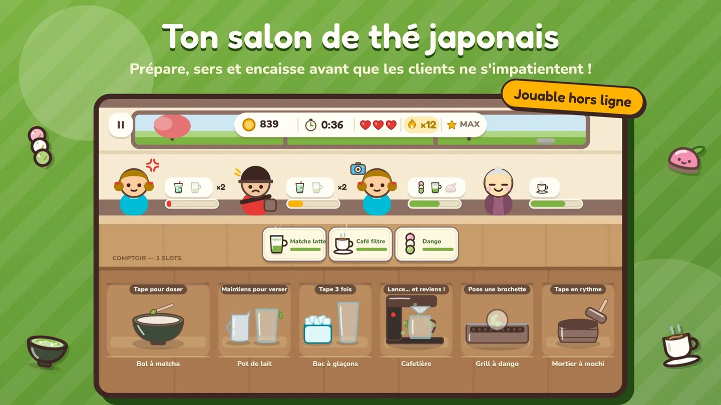 Ton salon de thé japonais : un service chargé, quatre clients au comptoir, le comptoir plein et les six postes au travail.