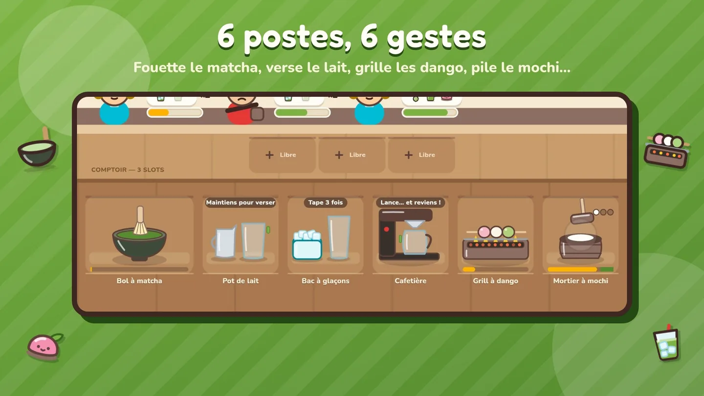 6 postes, 6 gestes : le bol à matcha, le pot de lait, le bac à glaçons, la cafetière, le grill à dango et le mortier à mochi.