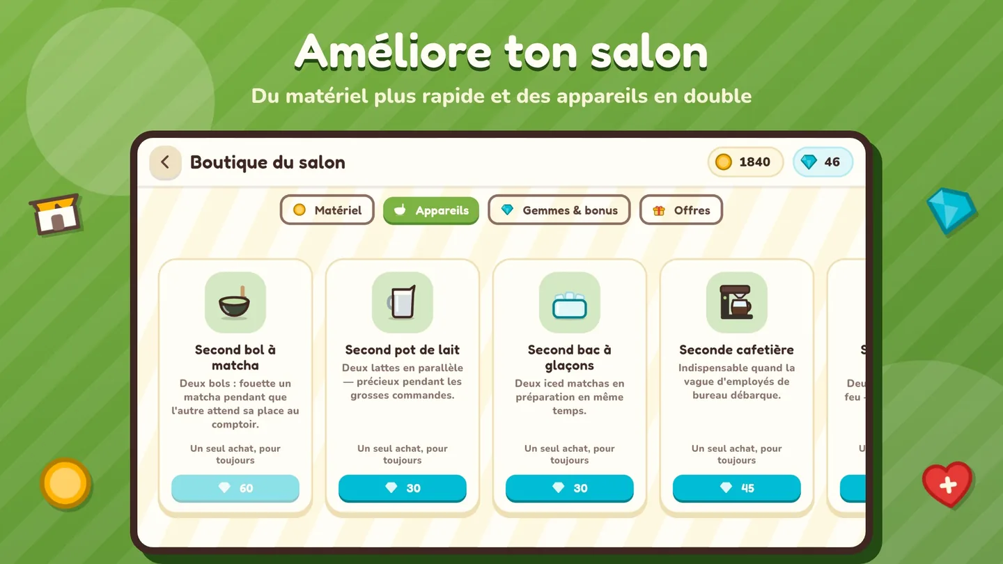 Améliore ton salon : l’onglet Appareils de la boutique, un second appareil pour chaque poste.