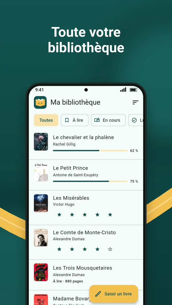 Toute votre bibliothèque : l'écran de la bibliothèque, avec Le chevalier et la phalène et Le Petit Prince en cours, et des classiques lus ou à lire.