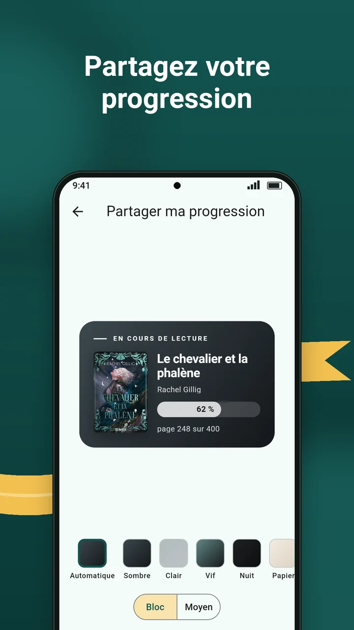 Partagez votre progression : une carte pour Le chevalier et la phalène, aux couleurs de sa couverture, prête pour une story Instagram.