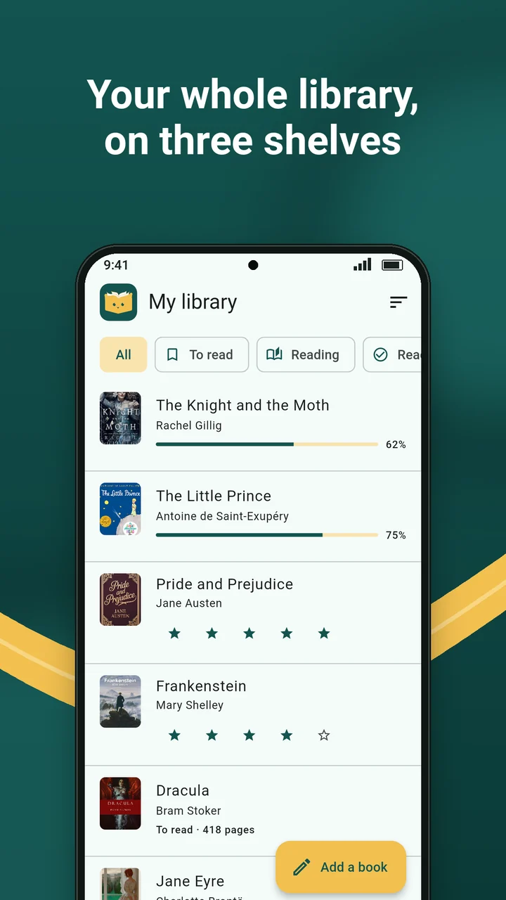 Your whole library, on three shelves: the library screen, with The Knight and the Moth and The Little Prince in progress, and classics read or to read.