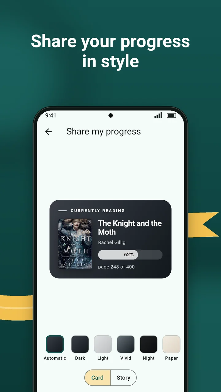Share your progress in style: a progress card for The Knight and the Moth, in the colours of its cover, ready for an Instagram story.